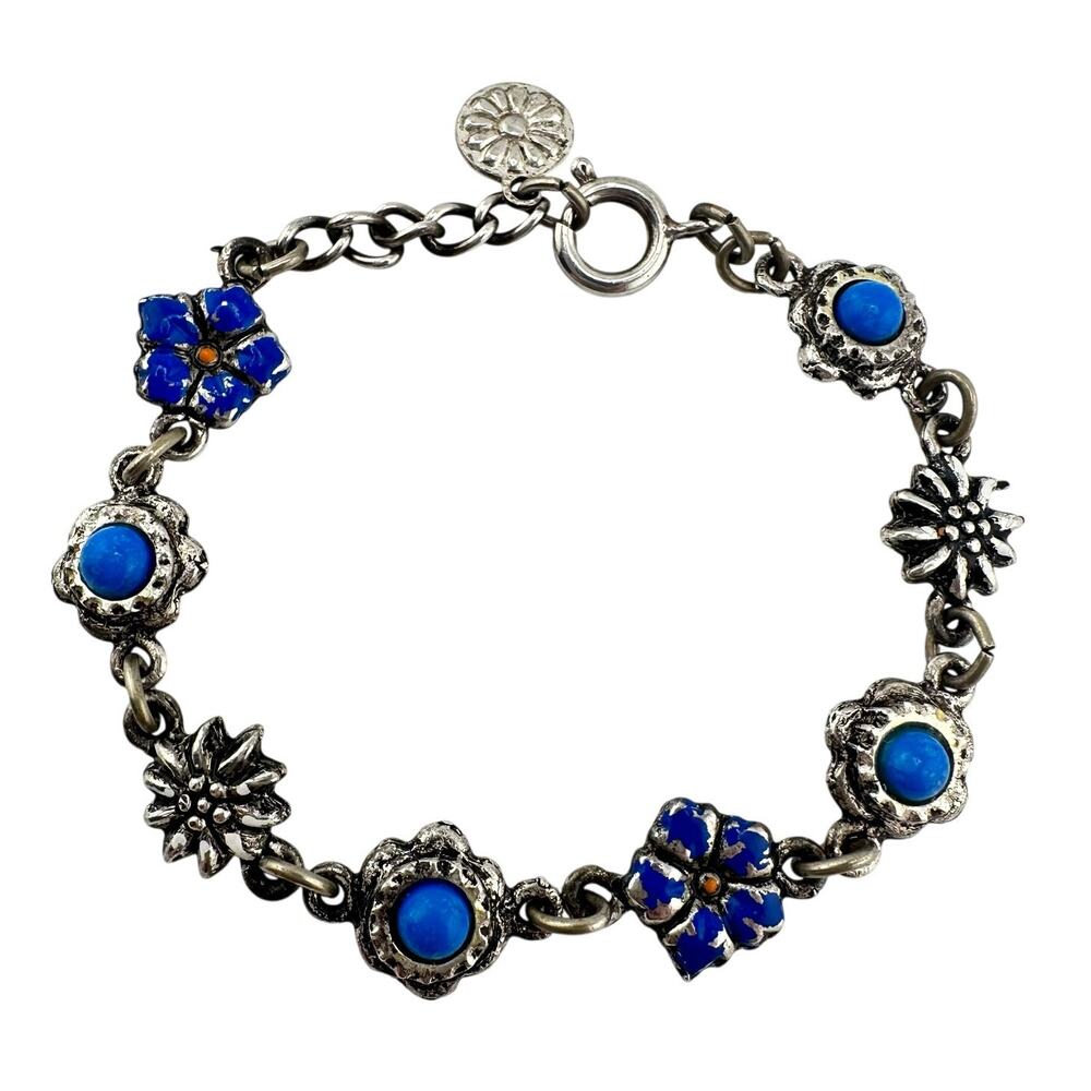 Vintage Blue Enamel Flowers Cabochons Charming Silver Tone 6.75" Bracelet
